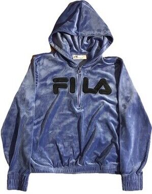 FILA Velour Hoodie Womens Small Blue Half Zip Logo Pullover Y2K Athleisure